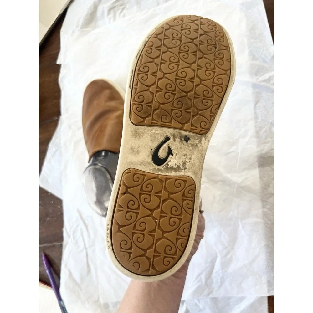 OluKai Pehuea Leather Slip On Shoes Floc Fox Brown Slides 2 Way Loafers Size 9.5